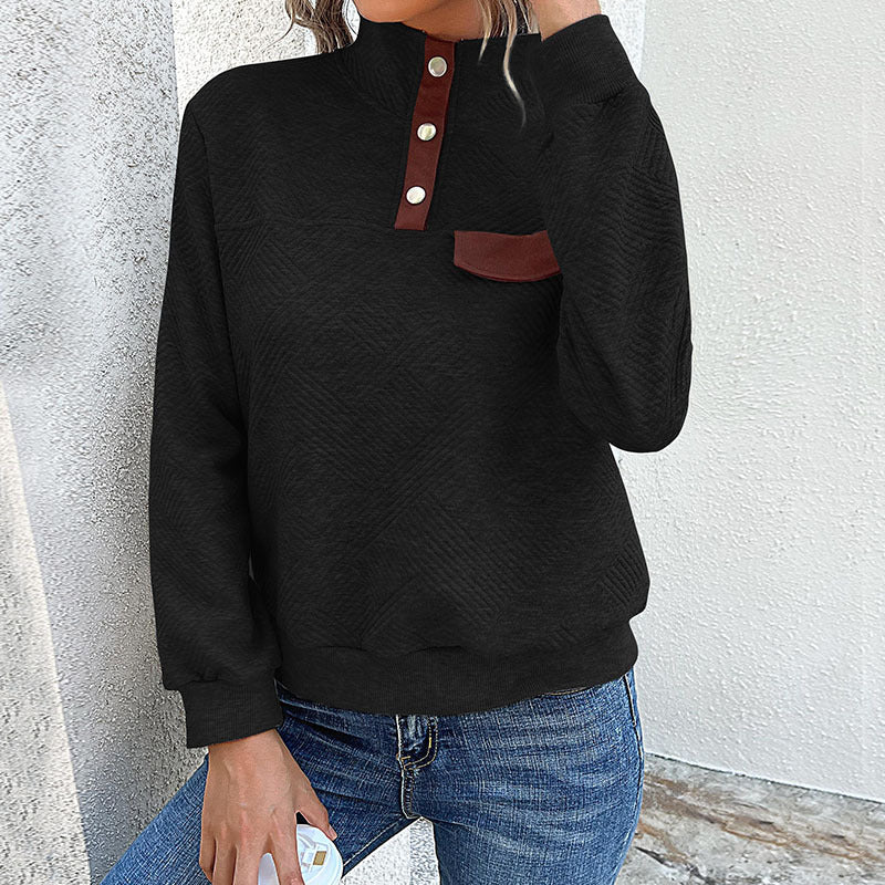 Damen Stehkragen Sweatshirt mit Knopfdetails und Brusttasche R&B
