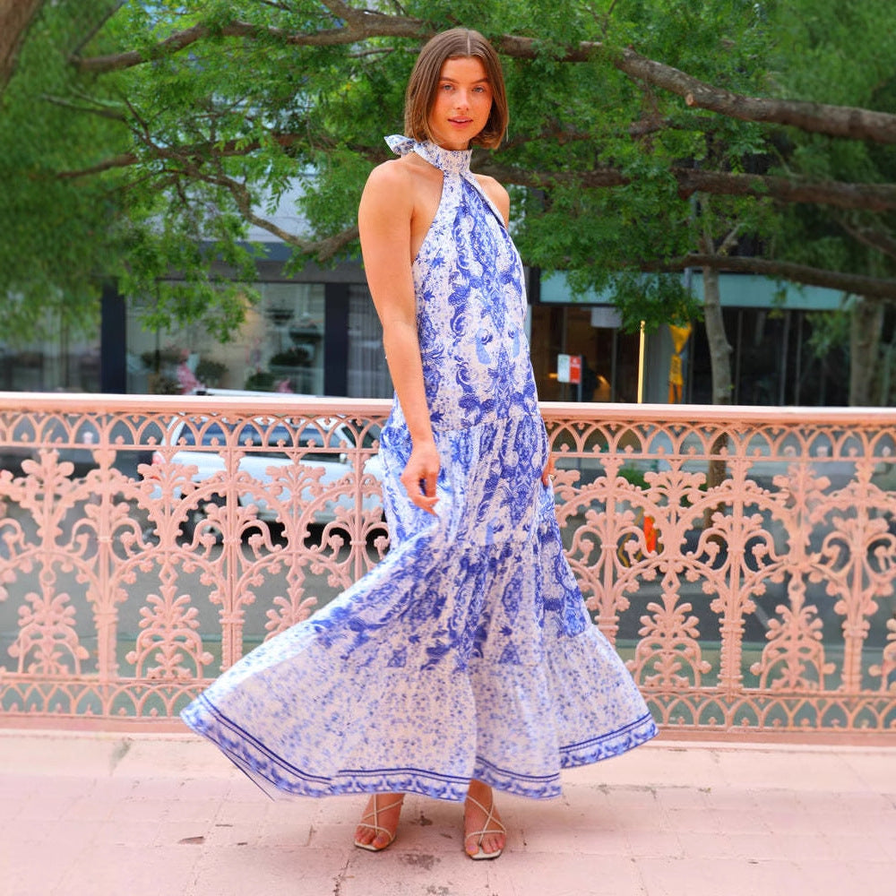 Damen Maxikleid im eleganten Bohemian-Stil mit verführerischem Halsband und fließendem Schnitt R&B