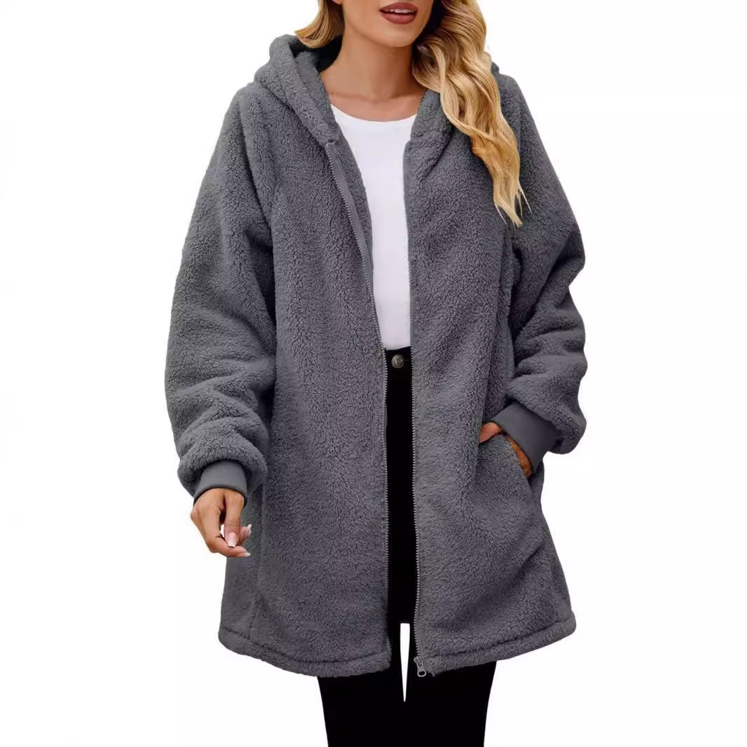 Damen Kapuzenmantel aus kuscheligem Fleece mit großen Taschen und Reißverschluss