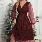 Damen Glamouröses Midikleid mit transparenten Puffärmeln und schimmerndem Paillettenmuster R&B