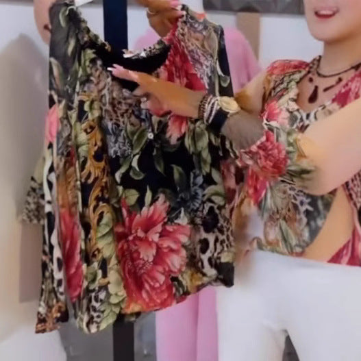 Damen nan leichte Satinbluse mit Animal- und Floralprint, Rüschenkragen, V-Ausschnitt und Manschettenärmeln R&B