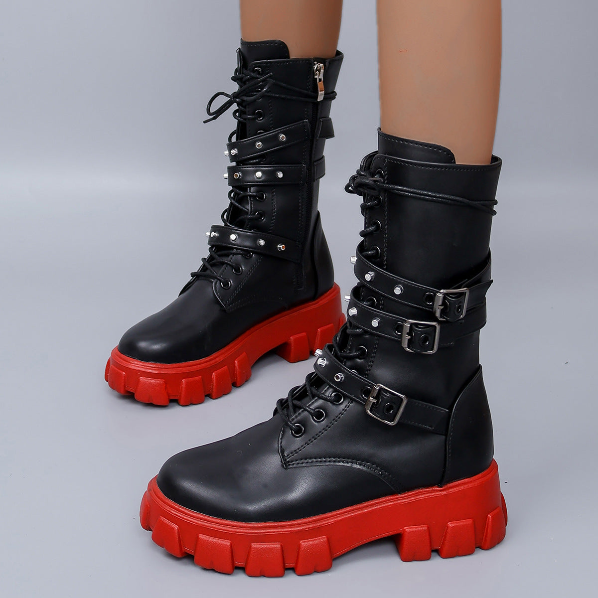 Damen High-Top Schnürstiefel mit verstellbaren Riemen und griffiger Sohle R&B