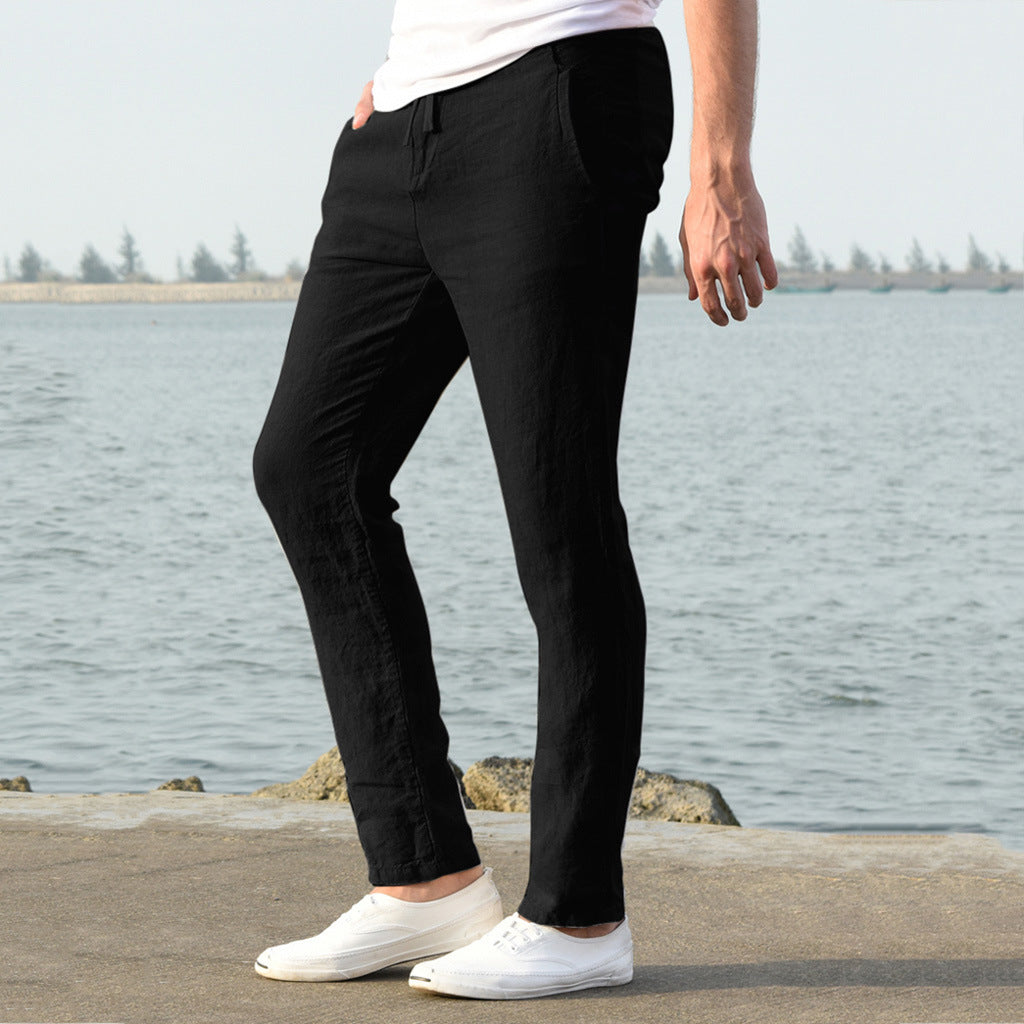 Herren lässige Leinenhose mit elastischem Bund und seitlichen Taschen R&B