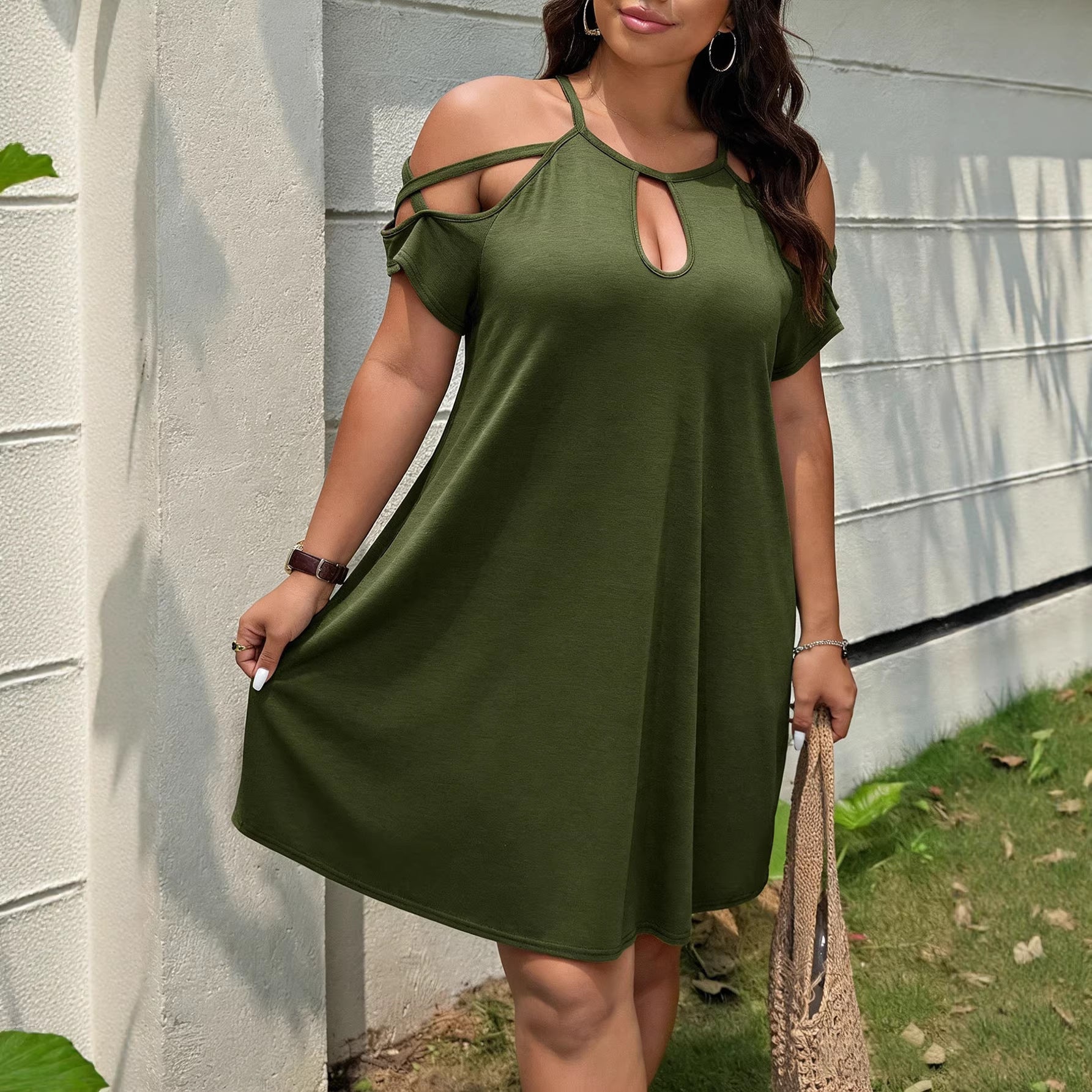 Damen Freizeitlevelenkleid mit schulterfreien Ärmeln und modischem Schlitz R&B