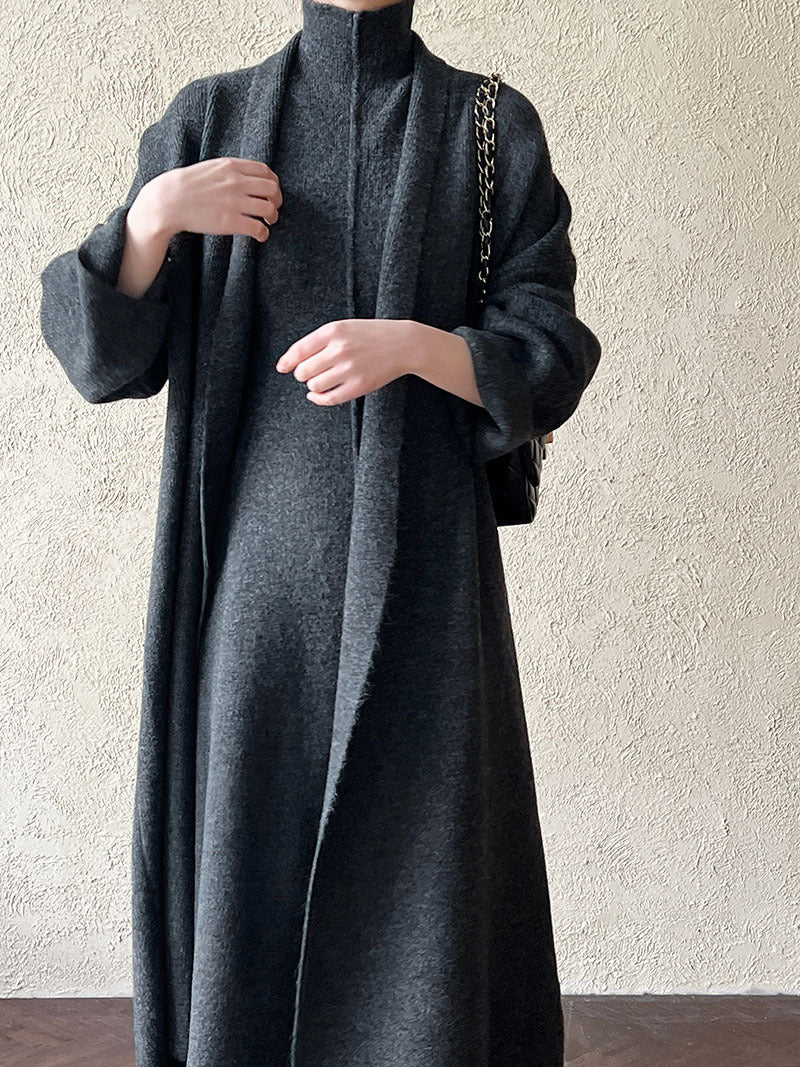 Damen Langer Strickmantel mit hohem Kragen und elegantem Schnitt