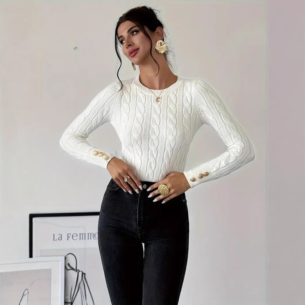 Damen Strickpullover mit Zopfmuster und Knopfdetails R&B