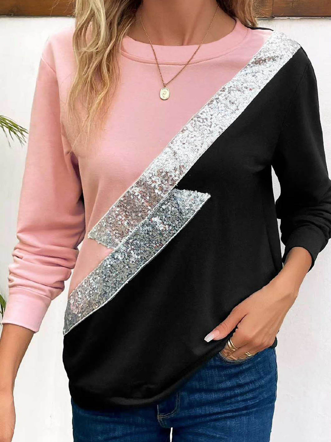 Damen lässiger Sweatshirt mit funkelndem Pailletten-Design und modernem Farbkontrast R&B