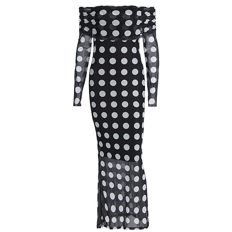 Damen Elegantes Maxikleid mit schulterfreiem Design und Punkten R&B