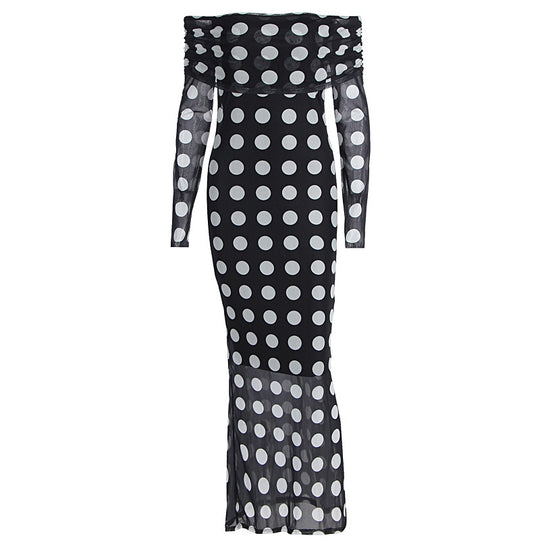 Damen Elegantes Maxikleid mit schulterfreiem Design und Punkten R&B