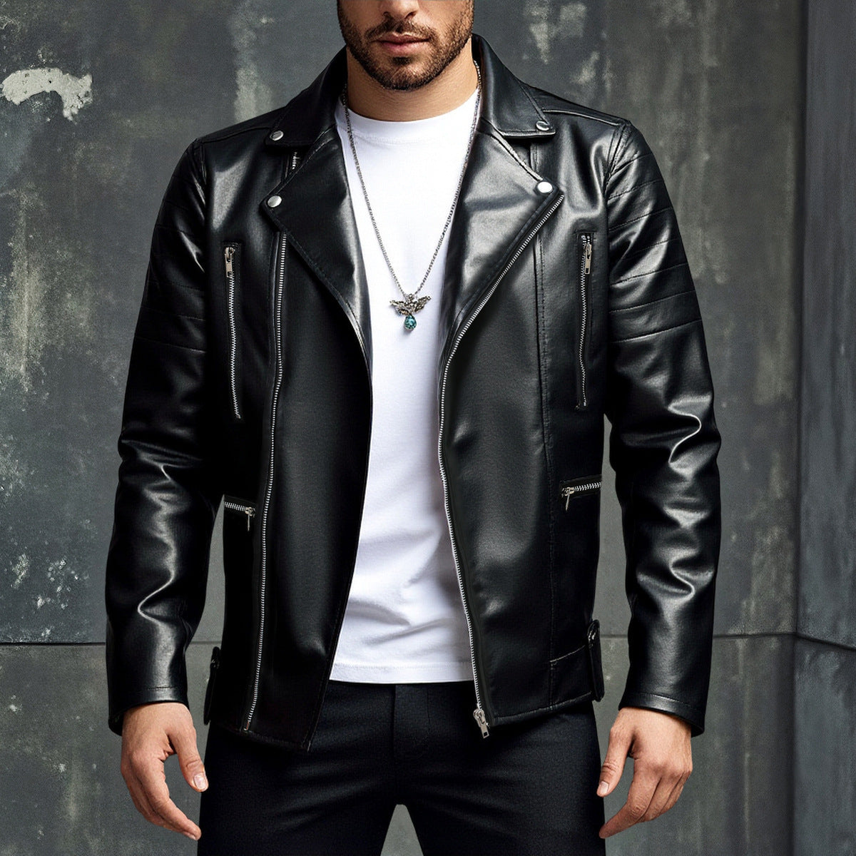 Herren Kunstleder Motorradjacke mit Reißverschluss R&B