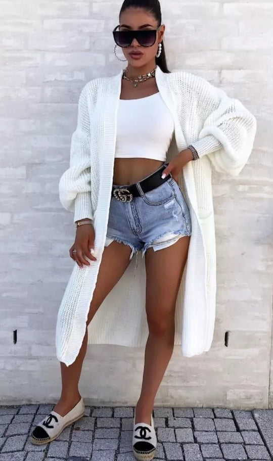 Damen Langer Strickcardigan mit weiten Ärmeln und praktischen Taschen R&B