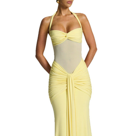 Damen nan figurbetontes Neckholder-Abendkleid mit transparentem Mesh-Einsatz und geraffter Hüftpartie R&B
