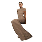 Damen Elegantes Maxikleid mit hochgeschlossenem, drapiertem Kragen R&B
