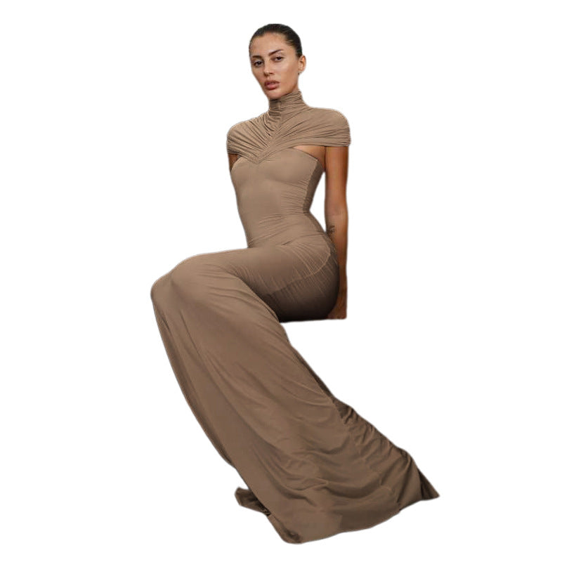 Damen Elegantes Maxikleid mit hochgeschlossenem, drapiertem Kragen R&B