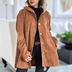 Damen Lässige cordjacke mit Kapuze und großen Knöpfen R&B