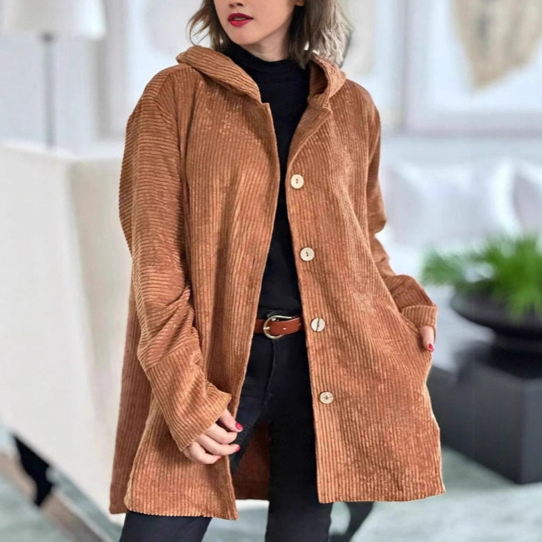 Damen Lässige cordjacke mit Kapuze und großen Knöpfen R&B