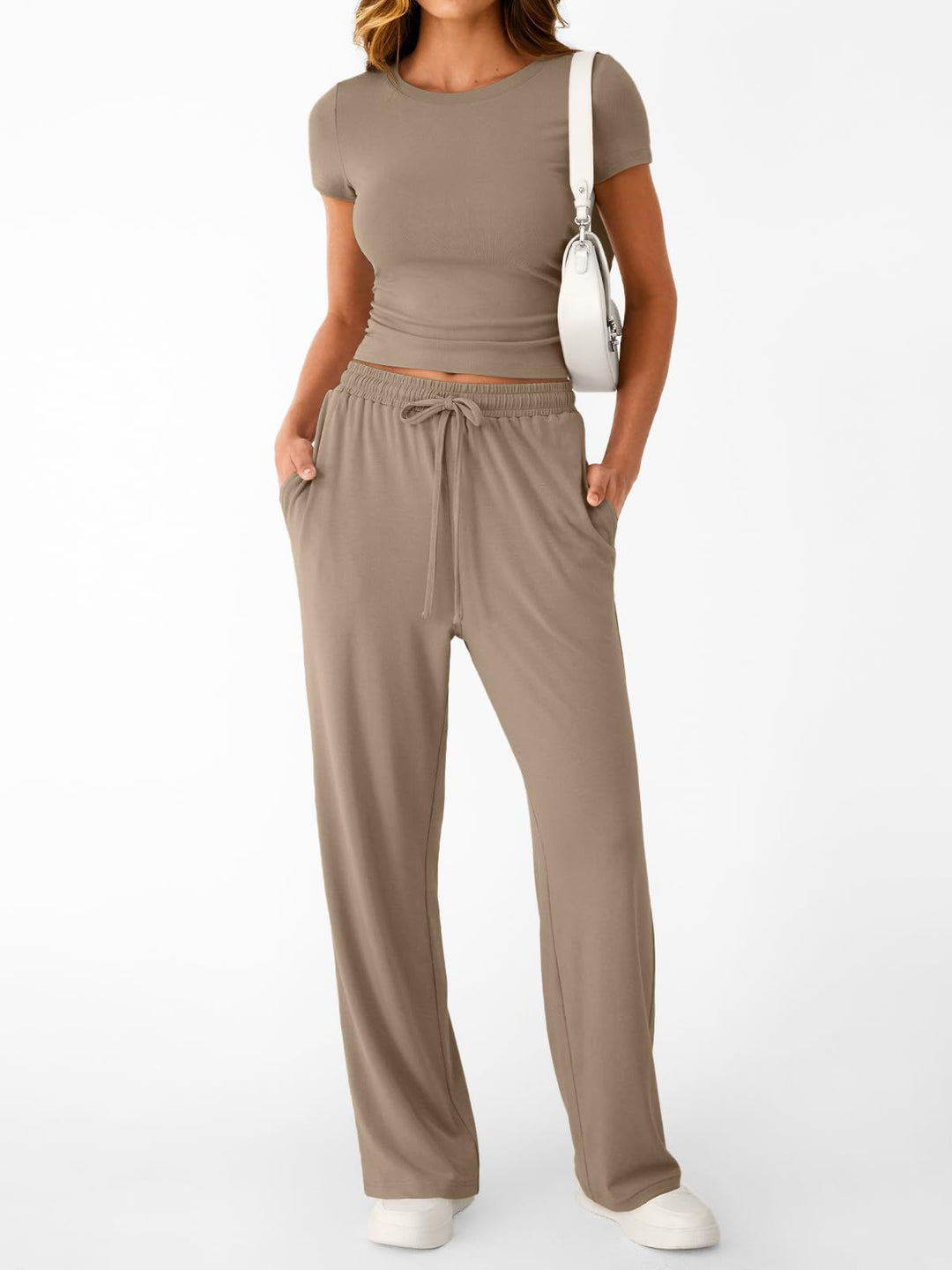 Damen lässiger Freizeitanzug mit kurzen Ärmel und weiten Hosen R&B