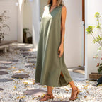 Damen elegantes Maxikleid mit schmalem Stehkragen und seitlichen Schlitzen R&B