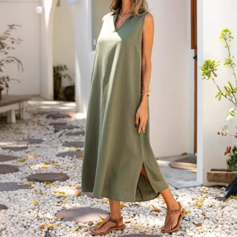 Damen elegantes Maxikleid mit schmalem Stehkragen und seitlichen Schlitzen R&B