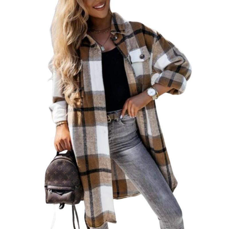 Damen Kariertes Overshirt mit knöpfbarem Design und aufgesetzten Taschen R&B