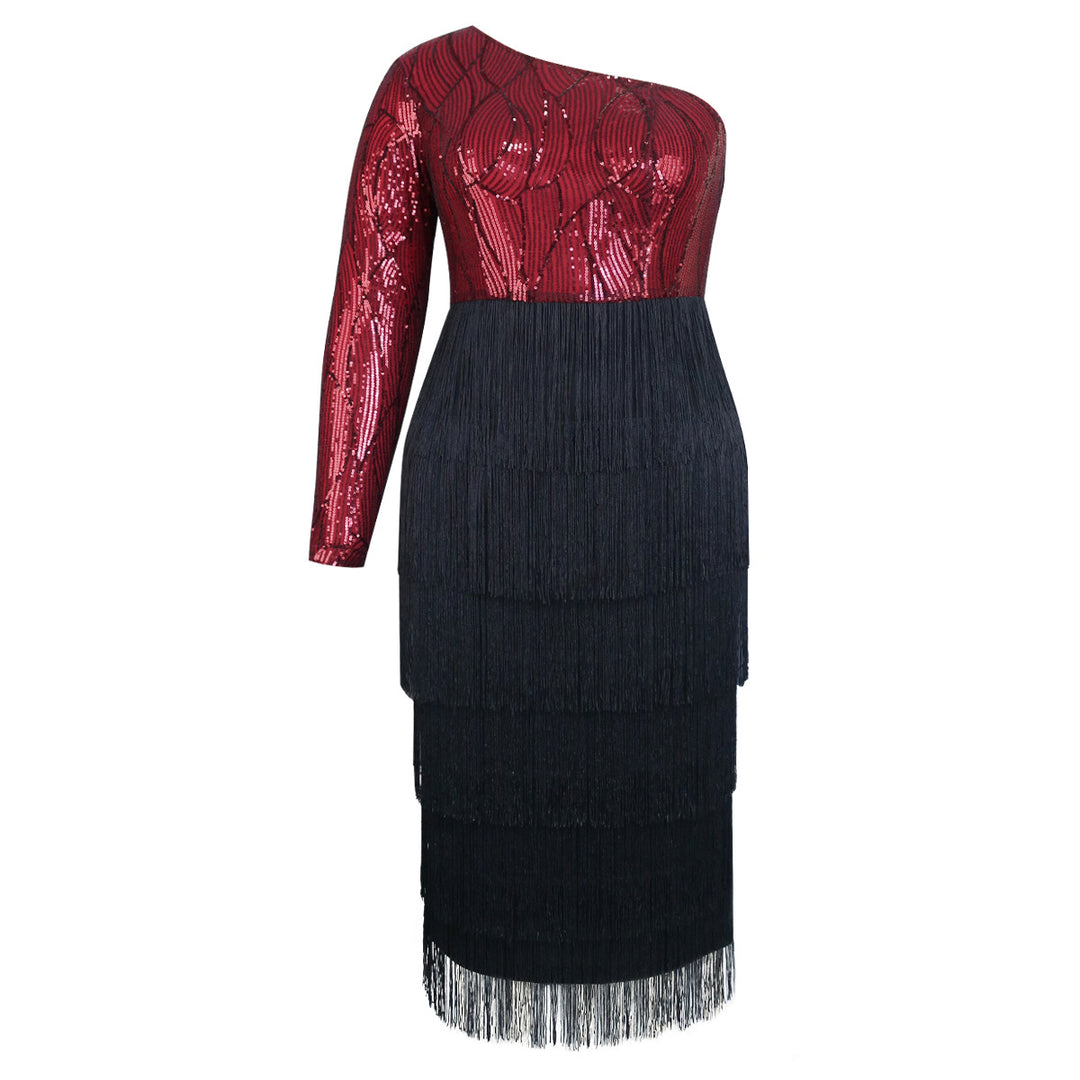 Damen Elegantes Cocktailkleid mit funkelnden Pailletten und Fransen R&B
