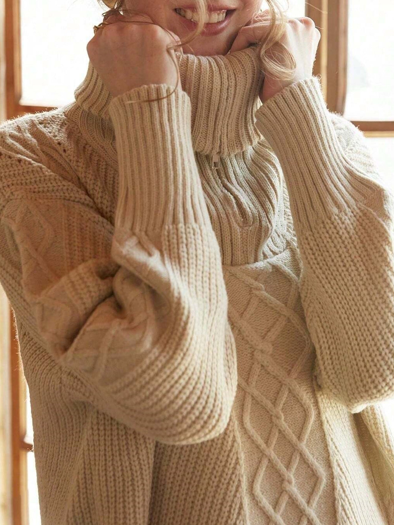 Damen Strickpullover mit hohem Kragen und Zipper R&B
