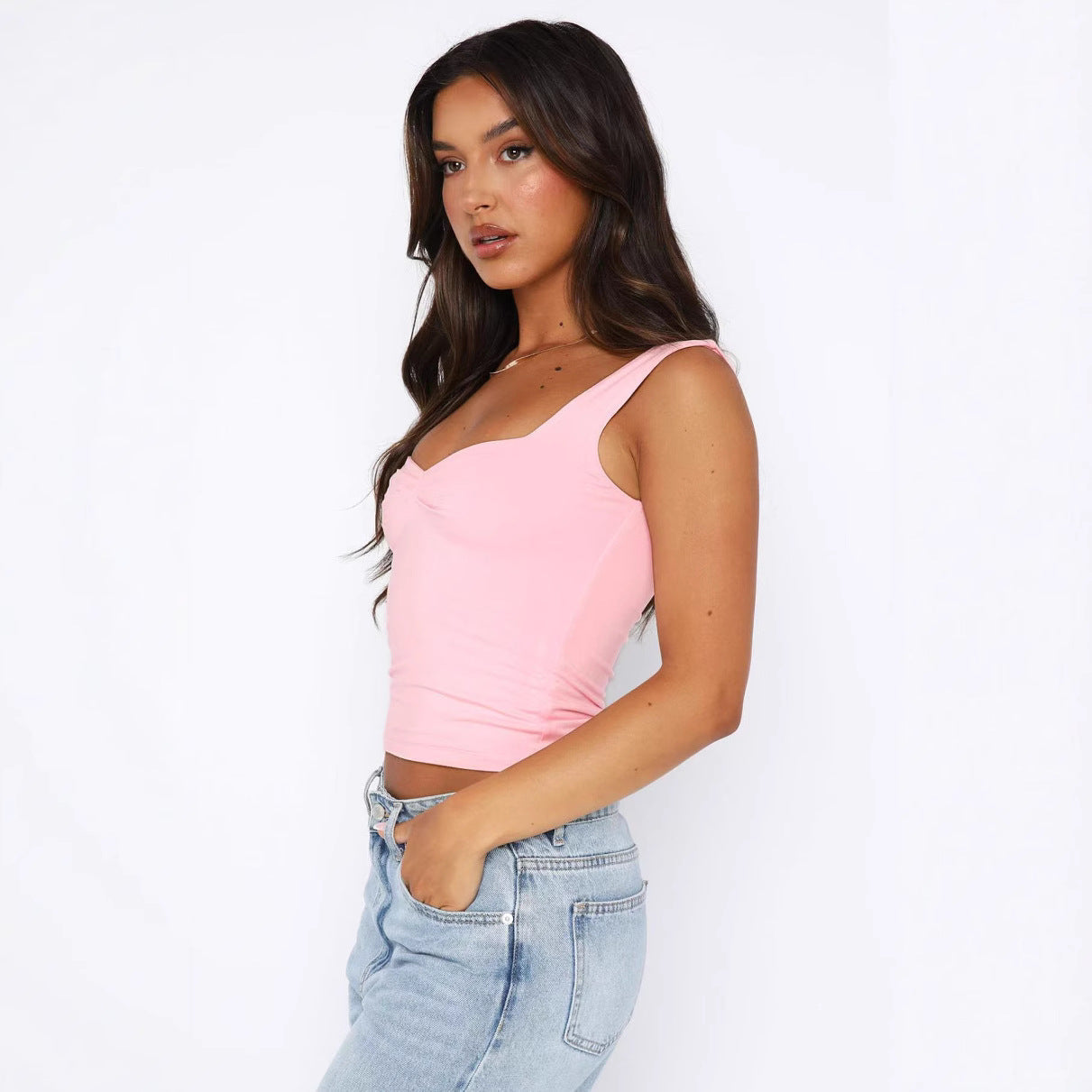 Damen figurbetontes Crop-Top mit breiten Trägern und V-Ausschnitt R&B