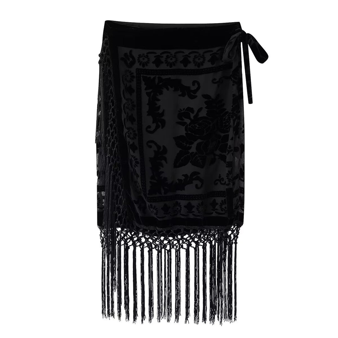 Damen Wickelrock mit eleganter Fransenverzierung und floralem Muster R&B