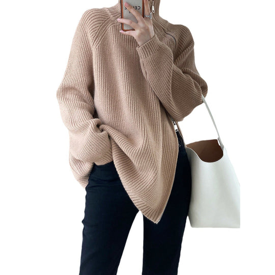 Damen lässiger Strickpullover mit seitlichem Reißverschluss und hohem Kragen R&B