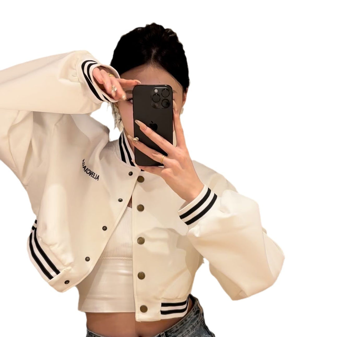 Damen lässige cropped Bomberjacke mit kontrastierenden Streifen und Druckknöpfen R&B