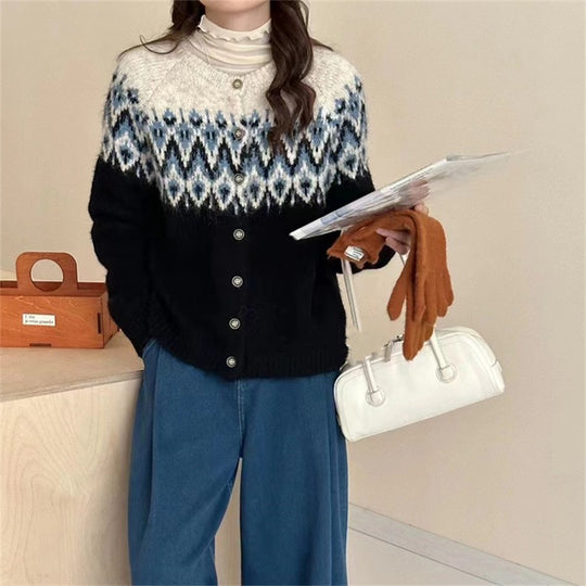 Damen Grobstrick Cardigan mit geometrischem Fair-Isle-Muster und eleganter Knopfleiste R&B