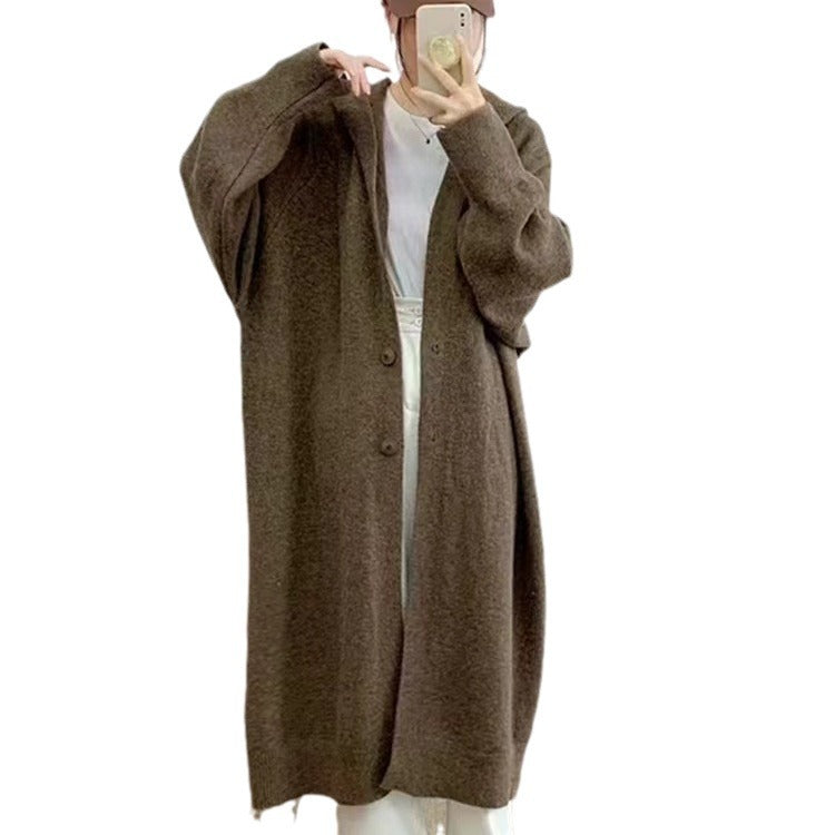 Damen Langer Strickcardigan mit Kapuze und praktischen Knöpfen R&B