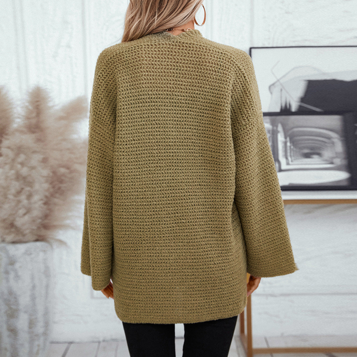 Damen luftige Strickjacke mit großen Taschen und offenen Ärmeln