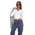 Damen Langarm Crop-Top mit eleganter V-Öffnung und figurbetontem Schnitt R&B