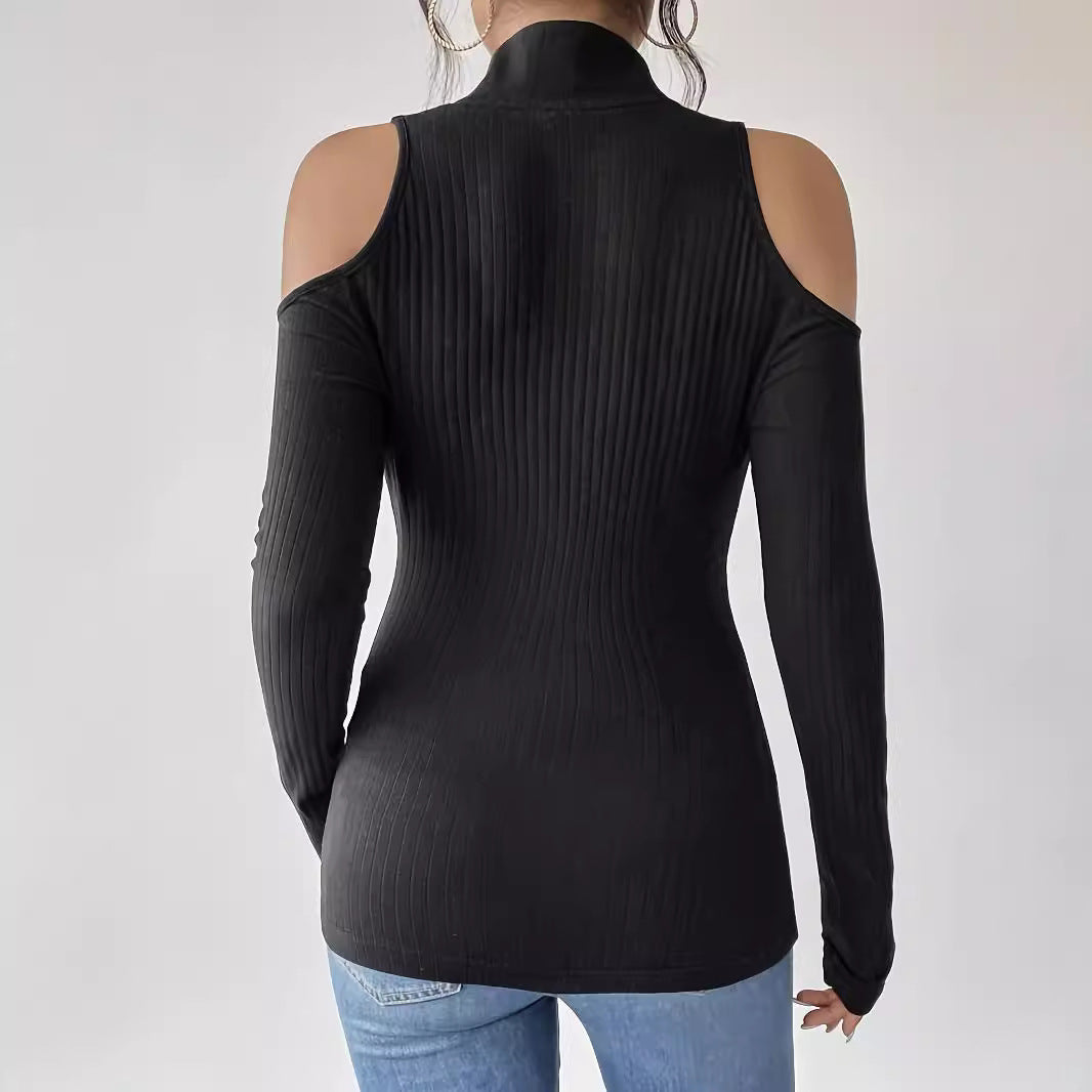 Damen Langärmliges Oberteil mit offenem Schulterdesign und hohem Kragen R&B