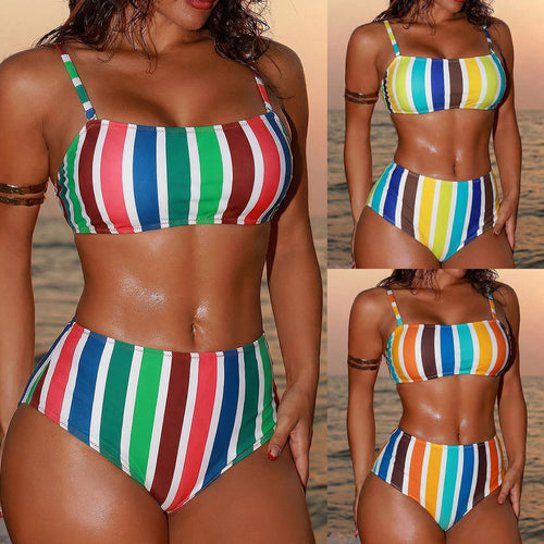 Damen Hoch geschnittener Bikini mit breiten Streifen R&B