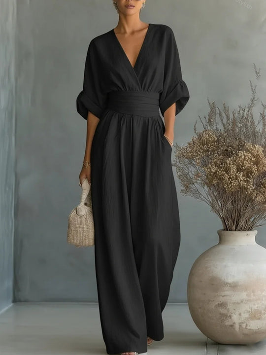 Damen Jumpsuit mit elegantem V-Ausschnitt und weitem Bein R&B