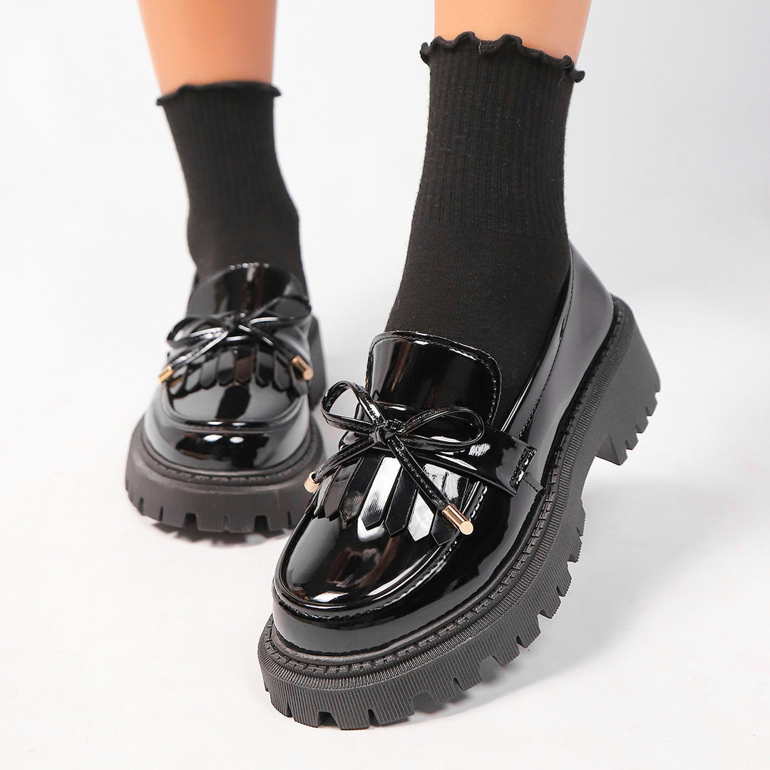 Damen modische Lacklederschuhe mit robustem Profilsohle und Schleifenakzent R&B