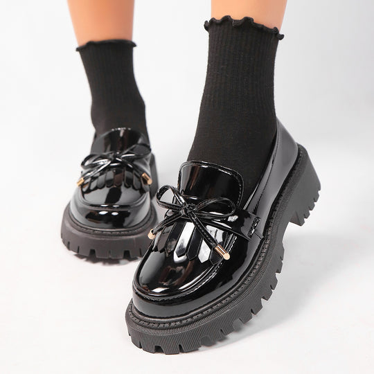 Damen modische Lacklederschuhe mit robustem Profilsohle und Schleifenakzent R&B