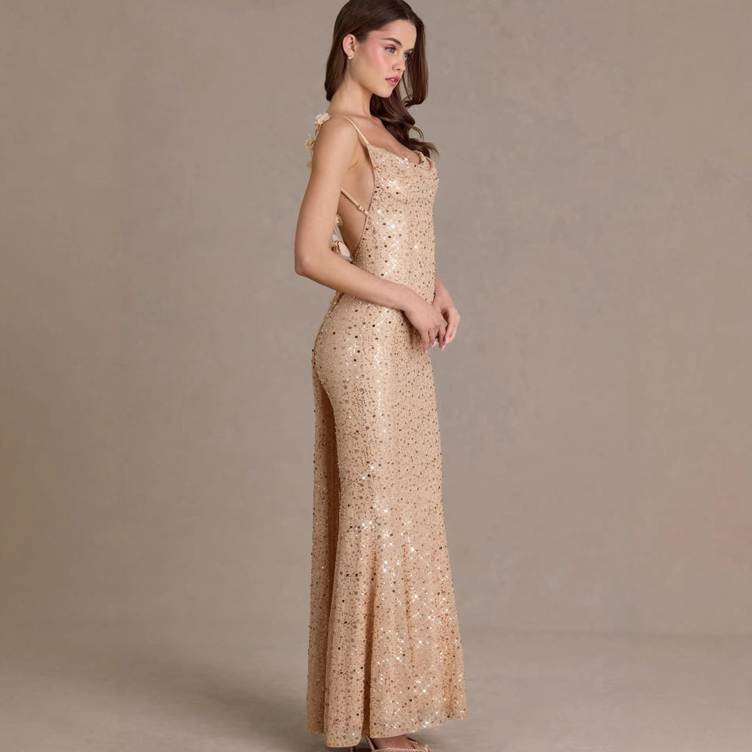 Damen elegantes Pailletten-Maxi-Kleid mit schickem Wasserfallausschnitt und figurbetonter Silhouette R&B