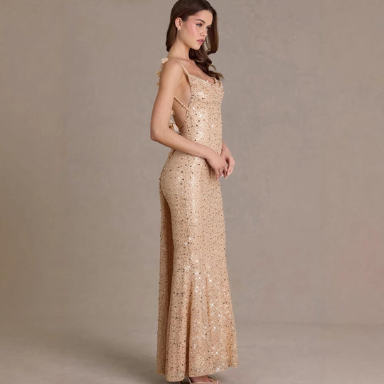 Damen elegantes Pailletten-Maxi-Kleid mit schickem Wasserfallausschnitt und figurbetonter Silhouette R&B
