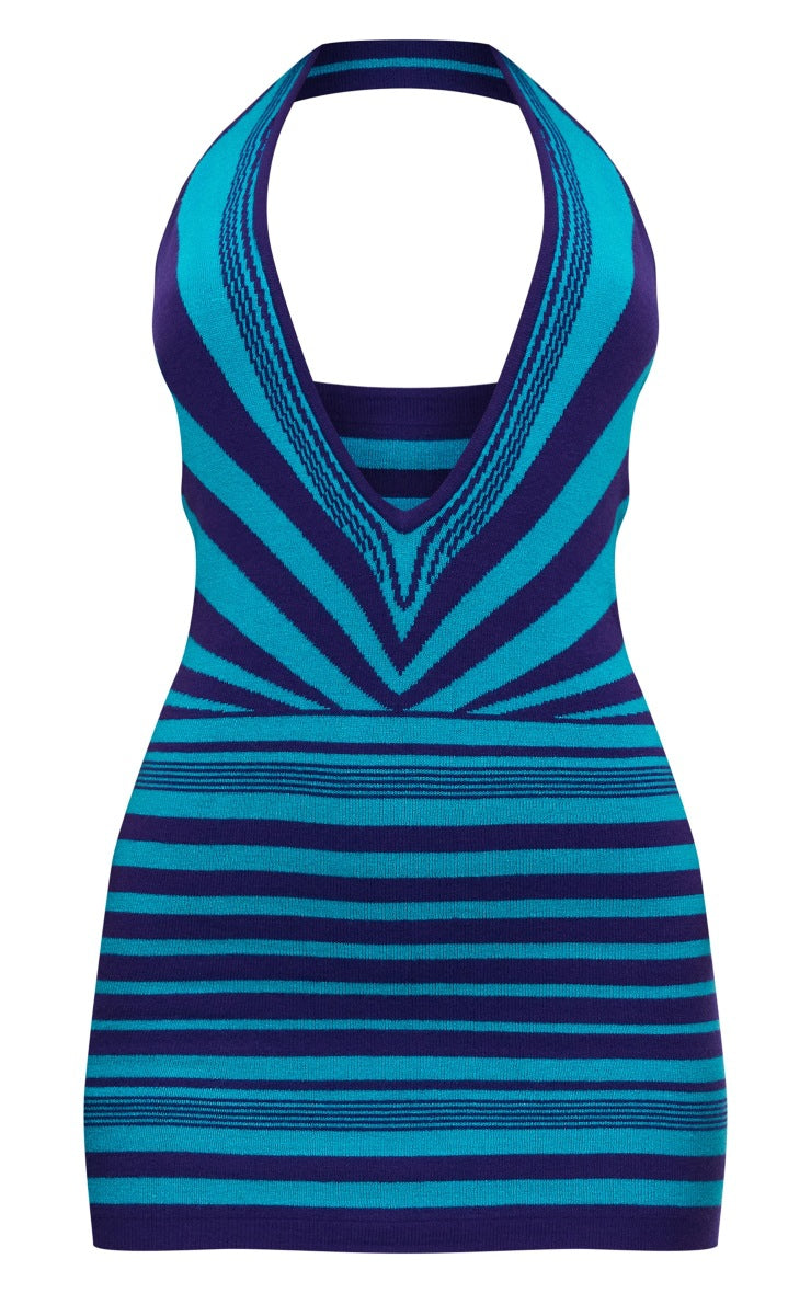 Damen figurbetontes Minikleid mit tiefem V-Ausschnitt und raffinierten Streifen R&B