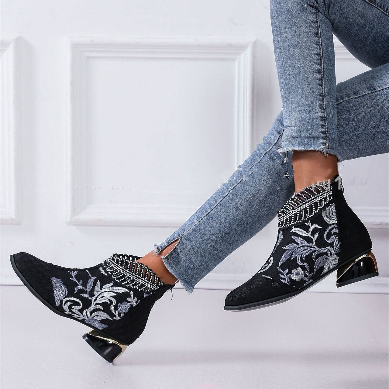 Damen Stiefeletten mit floralem Muster und glanzvollem Blockabsatz R&B