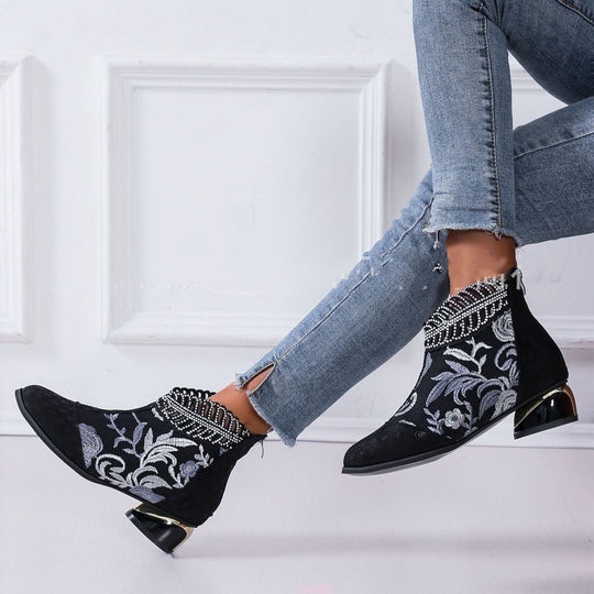 Damen Stiefeletten mit floralem Muster und glanzvollem Blockabsatz R&B