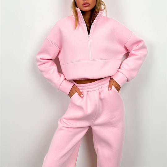 Damen sportliches Sweatshirt und Jogginghose-Set mit hoher Kragenoption und elastischem Bund R&B