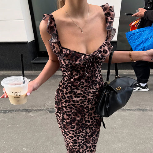 Damen Maxi-Kleid mit verführerischem Leopardenmuster und Rüschendetails R&B