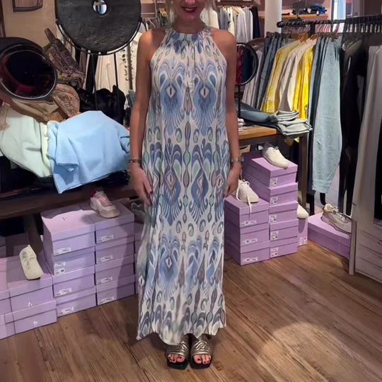 Damen nan fließendes Maxikleid mit Halterkragen, ornamentalem Ikat‑Print und weitem Fall R&B