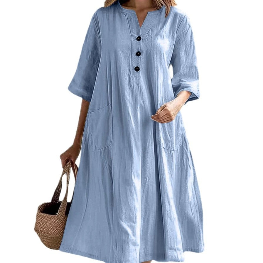 Damen lässiges Leinenkleid mit praktischen Taschen und Knopfdetails R&B