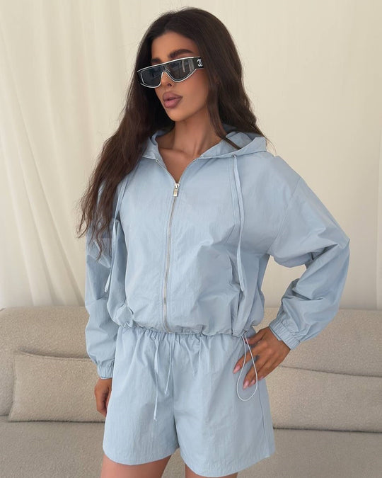 Damen lässiges Windbreaker-Set mit kurzen Hosen und Kapuze R&B