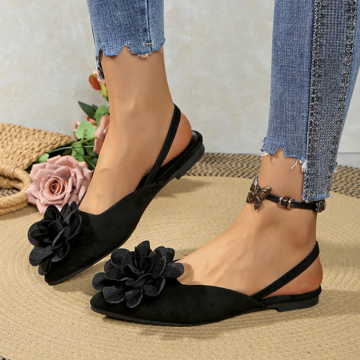 Damen Sling-Pumps mit dekorativer Blütenapplikation und weichem Veloursstoff R&B